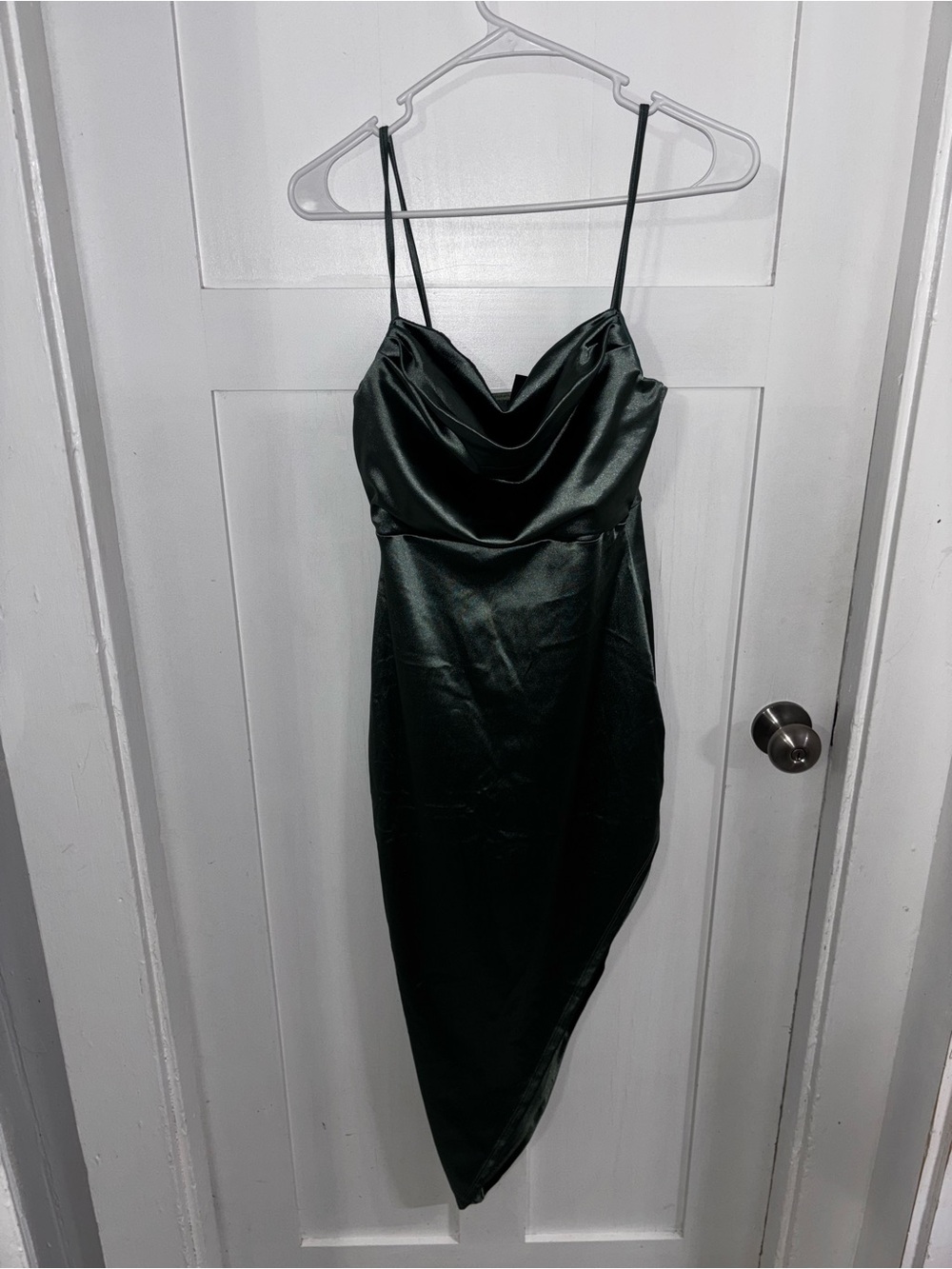 Spaghetti Strap Asymmetrical Cowl Neck Satin Dress in Sage Green Size M/6